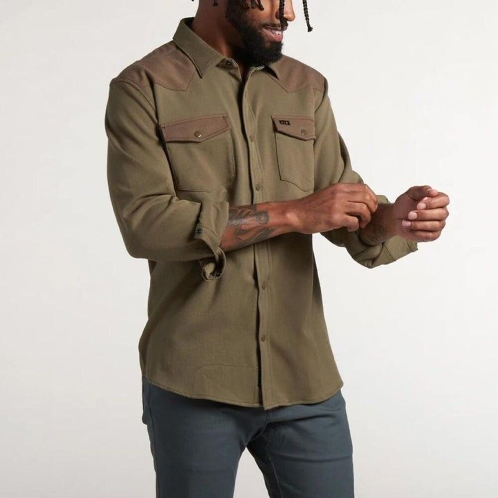 Howler Brothers Mens Stockman Stretch Snap Button Shirt Olive Size XL Western